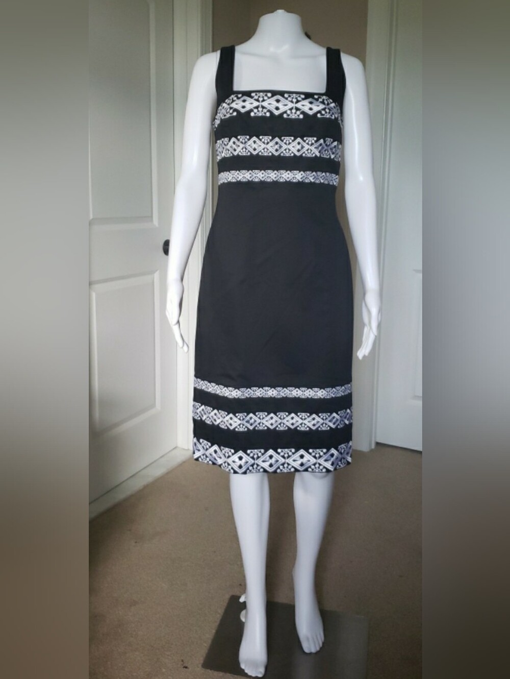 White House Black Market Black Dress with White Geometric Bands